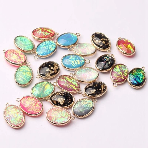 Oval Iridescent Glass Crystal Pendant With Gold Alloy Frame DIY Jewelry Findings For Earrings Necklace Making Women