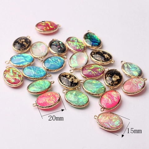 Oval Iridescent Glass Crystal Pendant With Gold Alloy Frame DIY Jewelry Findings For Earrings Necklace Making Women
