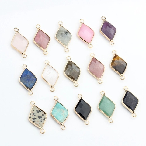 Natural Stone Rhombus Pendant Connectors Gold Plated Metal Bezel DIY Jewelry Making Findings For Earring Necklace Crafting