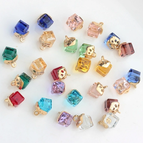 Cube Crystal Glass Pendants With Alloy Hollow Cap Geometric Charm For DIY Jewelry Making Necklace Earrings Pendant Only