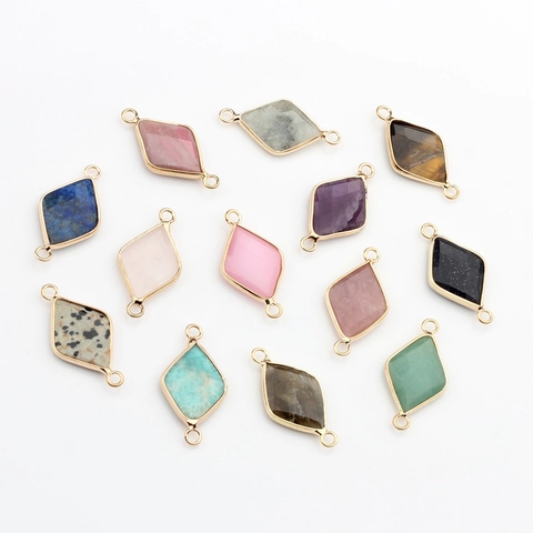 Natural Stone Rhombus Pendant Connectors Gold Plated Metal Bezel DIY Jewelry Making Findings For Earring Necklace Crafting