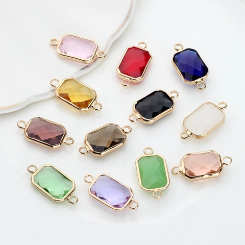 Faceted Crystal Rectangular Pendant Connector Gold Electroplated Copper Edged Double Loop Charm For DIY Earrings Jewelry Making