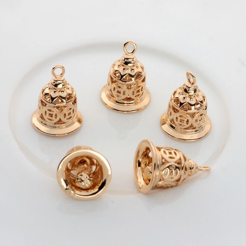 Vintage Copper 14K Gold Plated Hollow Bell Pendant For DIY Jewelry Making Traditional Coin Pattern Bridal Findings Accessories