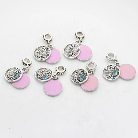 Zinklegierung Schmetterling Blume Libelle Doppelte Hängende Charms Mit Rosa Emaille Und Strass Für DIY Armband Halskette Schmuck