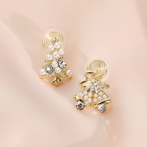 Pendientes de Clip Asimétricos de Árbol de Navidad y Campana No Perforados Oro de 14K Cobre Circonia Perla Artificial Joyas