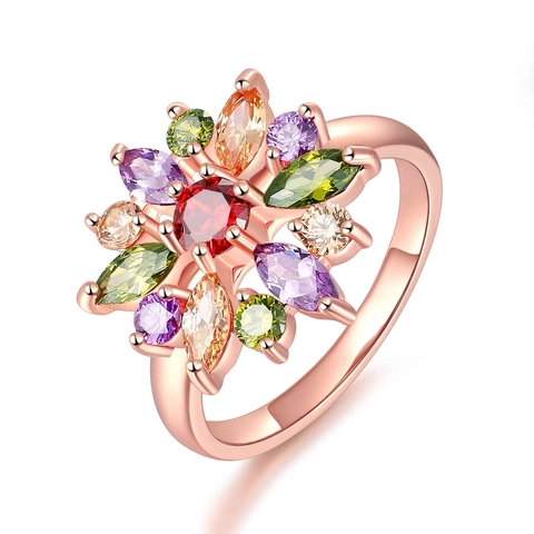 Luxury Rose Gold Plated Alloy Flower Ring For Women With Colorful Round And Marquise Zirconia Sunflower Fashion Jewelry