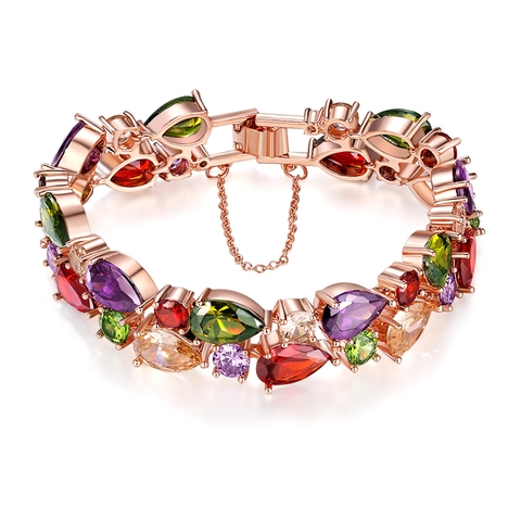 Bracelet de Luxe en Zircone Multicolore Taille Poire Pour Femmes Plaqué Or Rose Bijoux en Zircon Goutte d'eau Avec Chaîne de Sécurité