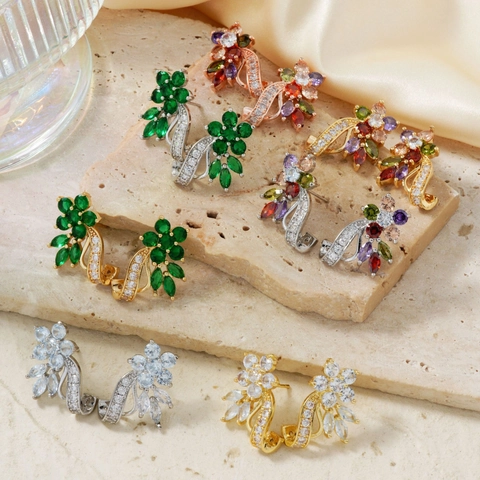 Vintage Kupfer Strass Blumen Ohrstecker Für Damen Mehrfarbige Eingelegte Florale Mode High Sense Pendler Schmuck Ohrring Geschenk