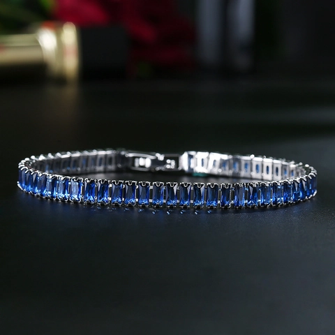 Bracciale Tennis in Rame con Zirconia Taglio Baguette Hip Hop per Uomo Donna Placcato Argento Gioielli di Moda Diamante