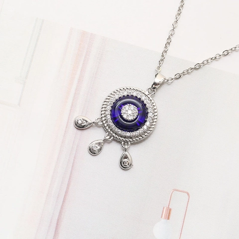 Evil Eye Pendant Necklace For Women Round Turkish Blue Eye Glass Zirconia Inlaid Alloy Jewelry Chain Necklace Gift Idea