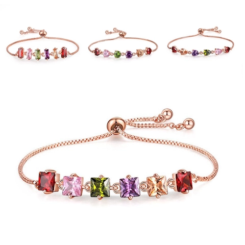 Bracciale a Scorrimento Regolabile in Rame Placcato Oro Rosa Strass Multicolore Gioielli di Moda per Donna Forme Geometriche