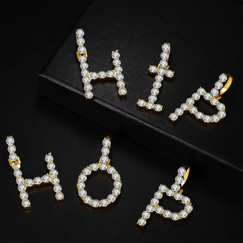 Collana con Pendente a Lettera Iniziale Hip Hop Iced Out Lega Placcata in Oro Zirconia Pave Rapper Gioielli Catena a Corda Unisex
