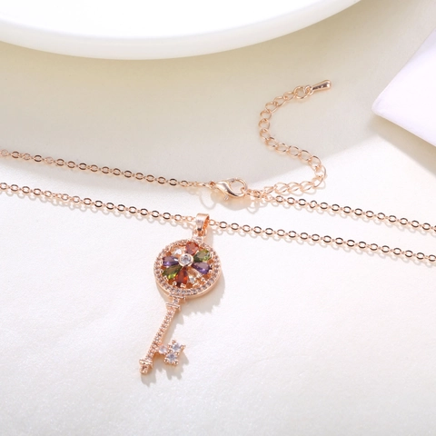 Rose Gold Plated Copper Key Pendant Necklace For Women Colorful Zirconia Flower Lucky Key Charm Jewelry For Wedding Party