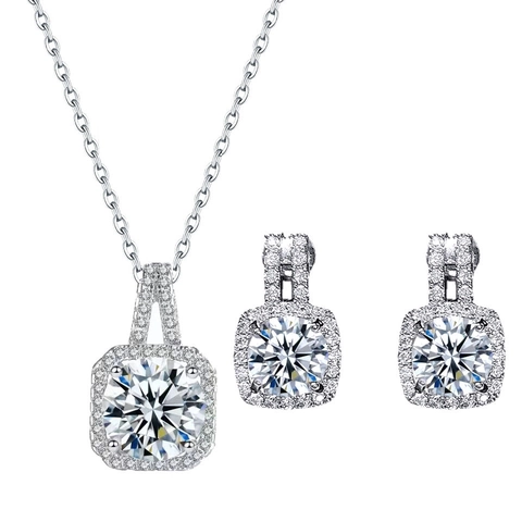 Quadratische Halo Zirkonia Halskette Und Ohrringe Schmuck Für Damen Versilbertes Kupfer Schlüsselbeinkette Brautparty Schmuck