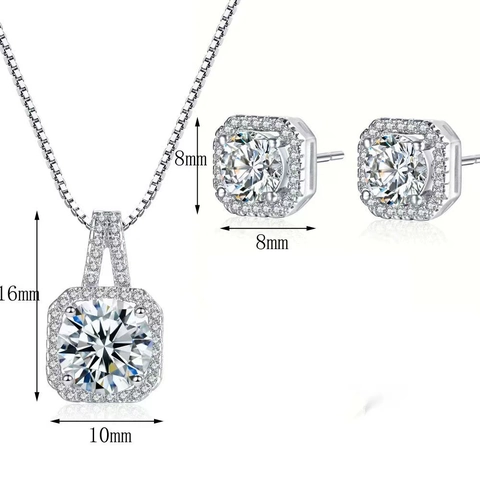 Quadratische Halo Zirkonia Halskette Und Ohrringe Schmuck Für Damen Versilbertes Kupfer Schlüsselbeinkette Brautparty Schmuck
