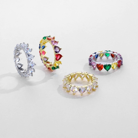 Heart Shape Pear Cut Colorful Rhinestone Eternity Ring Copper Gold Silver Plated Hip Hop Ins Style Luxury Band For Women