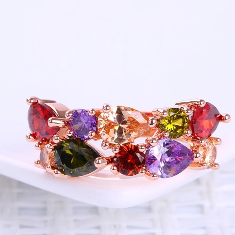 Anello a Grappolo con Zirconia Colorata in Stile Occidentale per Donna Oro Rosa Geometrico Multicolore Regolabile Gioielli Anello