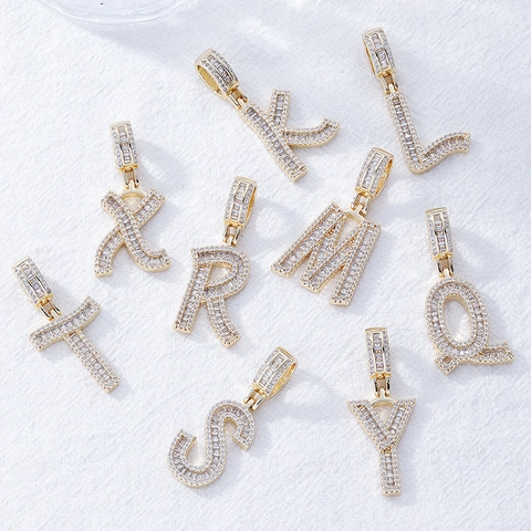 Collana con Pendente Lettera Iniziale in Zirconia Baguette Icy Hip Hop Catena a Corda in Rame Placcato Oro Gioielli Unisex