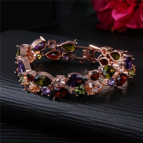 Lussuoso Bracciale in Zirconia Multicolore con Taglio a Pera per Donna Placcato in Oro Rosa Gioielli con Zirconi a Goccia con Catena di Sicurezza