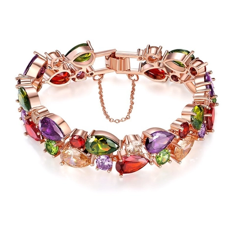 Lussuoso Bracciale in Zirconia Multicolore con Taglio a Pera per Donna Placcato in Oro Rosa Gioielli con Zirconi a Goccia con Catena di Sicurezza