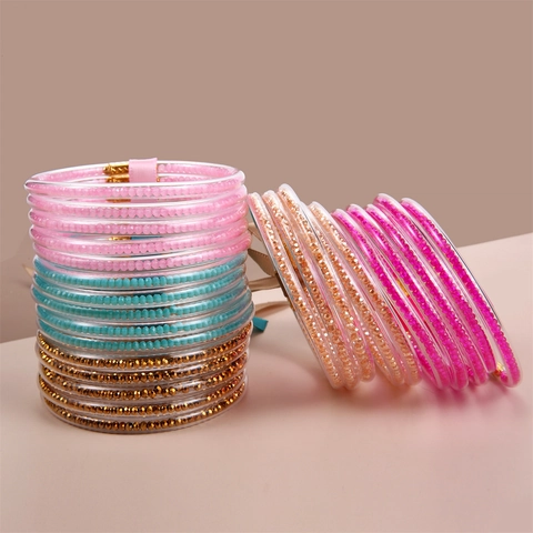 Elegante Conjunto de Pulseras de Silicona para Mujer Pulsera Multicapa Rellena con Cuentas de Purpurina y Lazo de Cinta de Satén Joyería
