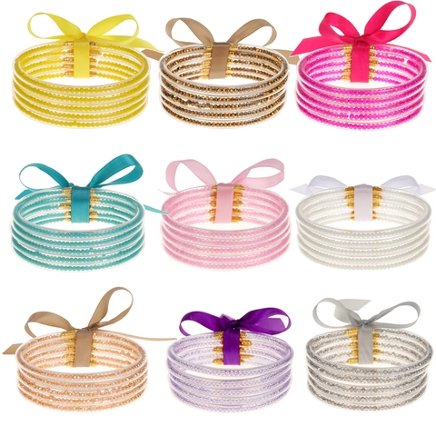 Elegante Conjunto de Pulseras de Silicona para Mujer Pulsera Multicapa Rellena con Cuentas de Purpurina y Lazo de Cinta de Satén Joyería