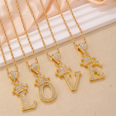 Collana con Pendente a Lettera Iniziale Corona Iced Out Hip Hop Oro Rame Zirconia Alfabeto Catena a Corda per Donna Gioielli