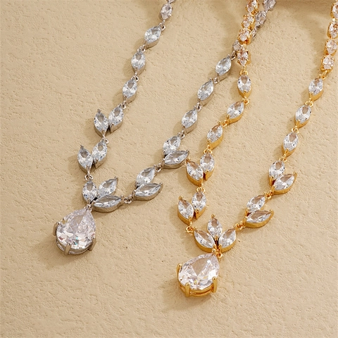 Elegante Wassertropfen Zirkonia Anhänger Halskette Für Damen Marquise Blatt Kette Gold Silber Überzogen Brautschmuck Hochzeit
