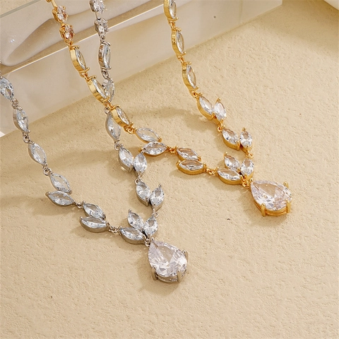 Elegante Wassertropfen Zirkonia Anhänger Halskette Für Damen Marquise Blatt Kette Gold Silber Überzogen Brautschmuck Hochzeit