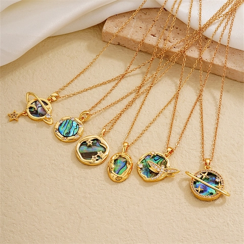 18K Gold Plated Copper Abalone Shell Pendant Necklace For Women Rhinestone Planet Heart Butterfly Dragonfly Jewelry Gift