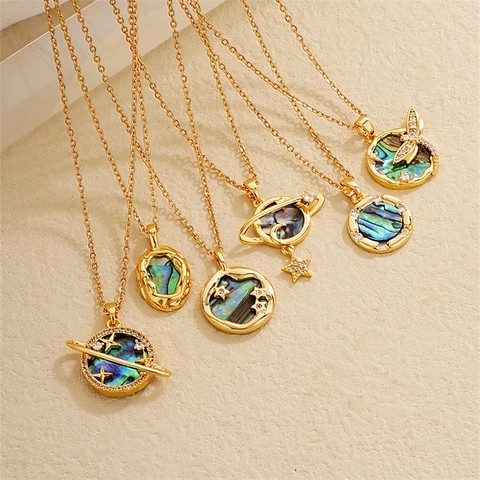 18K Gold Plated Copper Abalone Shell Pendant Necklace For Women Rhinestone Planet Heart Butterfly Dragonfly Jewelry Gift