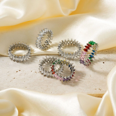 Anello Eternity in Rame Con Zircone Taglio Marquise Geometrico Personalizzato Hip Hop Placcato Oro Argento Anello Unisex Gioielli