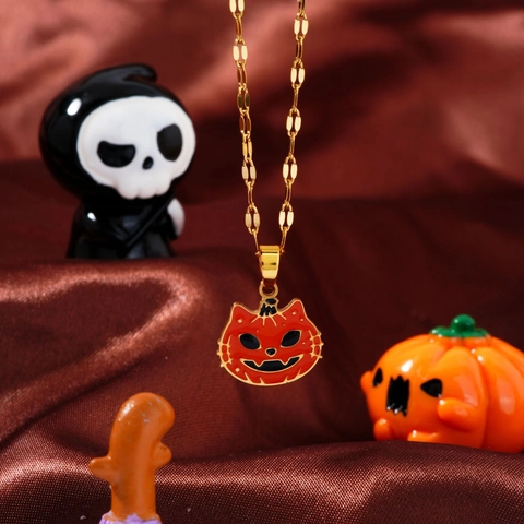 Roestvrij Staal Halloween Pompoen Kat Hoofd Hanger Ketting Grappig Creatief Emaille Individueel Sieraden Cadeau Voor Feest Mannen Vrouwen