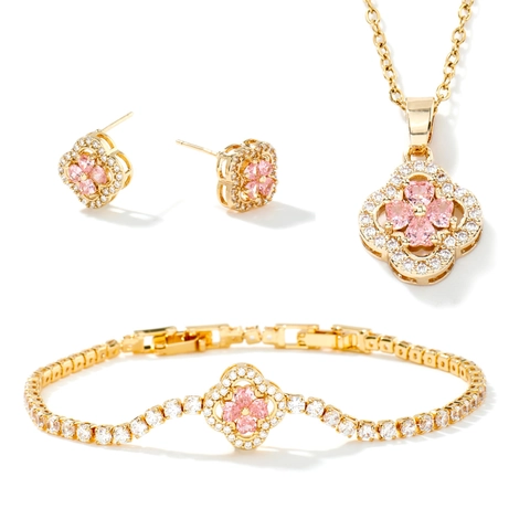 Fashion Copper Zirconia Clover Jewelry Set With Necklace Bracelet Stud Earrings For Women Sweet Floral Wedding Party Jewelry