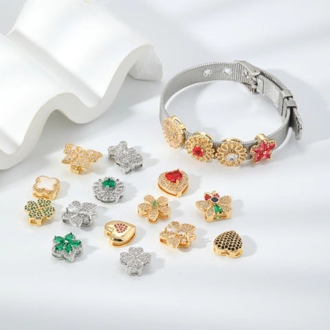 Bracciale a Maglia Con Charms Alfabeto DIY per Uomo Donna Acciaio Inossidabile Rame Zirconia Cuore Farfalla Fiore Bracciale