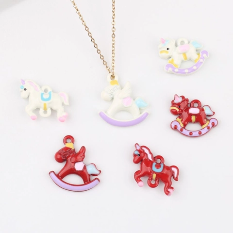 Zinc Alloy Enamel Rocking Horse Unicorn Pendants For DIY Necklace Bracelet Earring Accessories Cartoon Pony Charm Findings