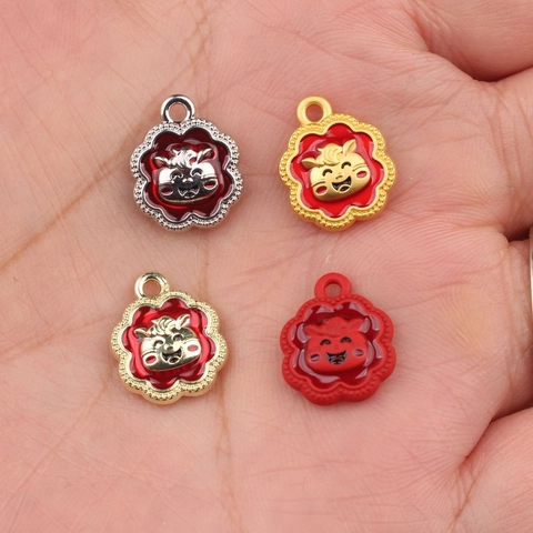 Alloy Flower Zodiac Tiger Fu Character Pendants Red Enamel DIY Jewelry Making Accessories For Necklace Bracelet Earring WSX-4547