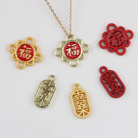 Chinese Style Alloy Charms Luck Joy Character Drip Oil Pendants For DIY Jewelry Making Necklace Bracelet Accessory