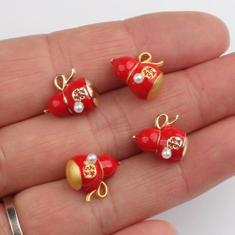 Alloy Gourd Pendant With Artificial Pearl Enamel Wu Lou Charm For DIY Jewelry Making Necklace Bracelet Accessory Good Luck