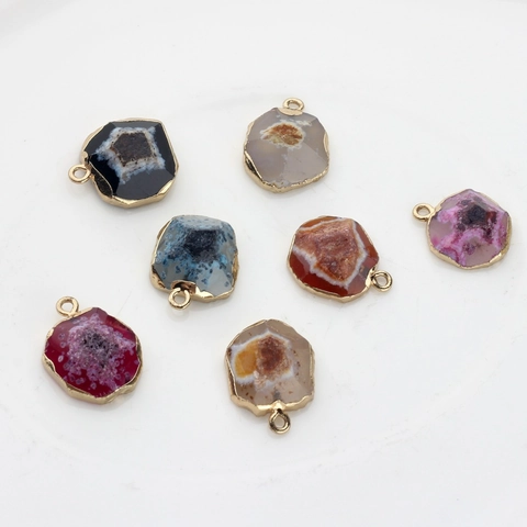 Natuursteen Agaat Druzy Geometrische Hanger Met Gouden Rand Voor DIY Sieraden Maken Ketting Oorbellen Vrouwen Accessoires