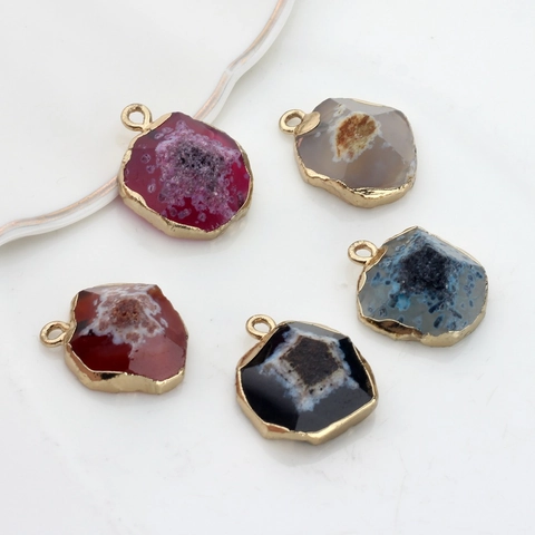 Natuursteen Agaat Druzy Geometrische Hanger Met Gouden Rand Voor DIY Sieraden Maken Ketting Oorbellen Vrouwen Accessoires