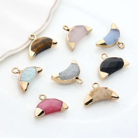 Pendentif Croissant de Lune en Pierre Naturelle Avec Bordure Métallique Breloques de Bijouterie DIY pour Colliers Boucles d'Oreilles