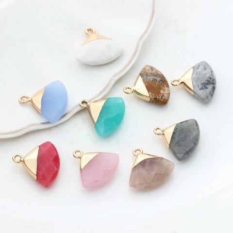Fan Shaped Natural Stone Pendant Gold Copper Wrapped Edge Agate Charms For DIY Jewelry Making Necklaces Earrings Findings