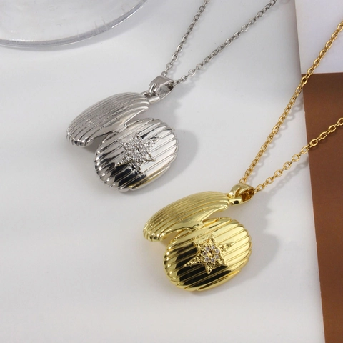 Vintage Kupfer Stern Medaillon Halskette Für Damen Oval Gerippt Strass Anhänger Medaillon Schmuck Gold Silber Halsketten Geschenk