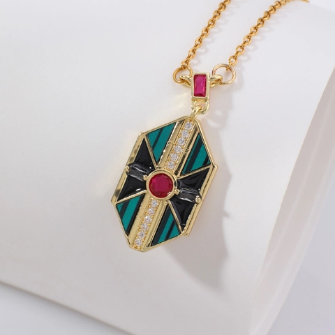 Collana con Pendente Esagonale Geometrico Art Deco Vintage per Donna Catena a Clavicola in Rame Smaltato Multicolore con Strass Gioielli