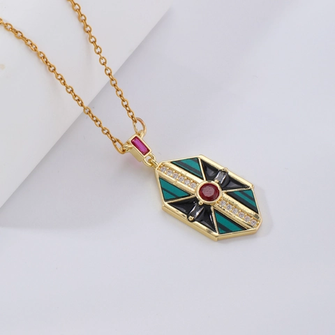 Collana con Pendente Esagonale Geometrico Art Deco Vintage per Donna Catena a Clavicola in Rame Smaltato Multicolore con Strass Gioielli
