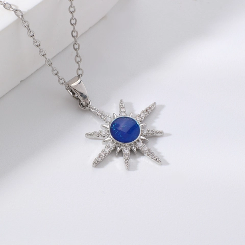 Luxury Eight-pointed Star Starry Sky Pendant Necklace Copper Rhinestone Blue Stone Elegant Fashion Jewelry For Women Birthday Gift