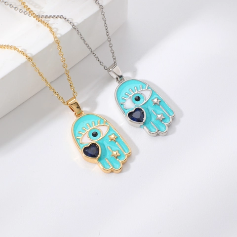 Vintage Hamsa Hand Evil Eye Necklace Pendent Copper Zirconia Heart Star Enamel Ethnic Unisex Jewelry Gold Silver Tone