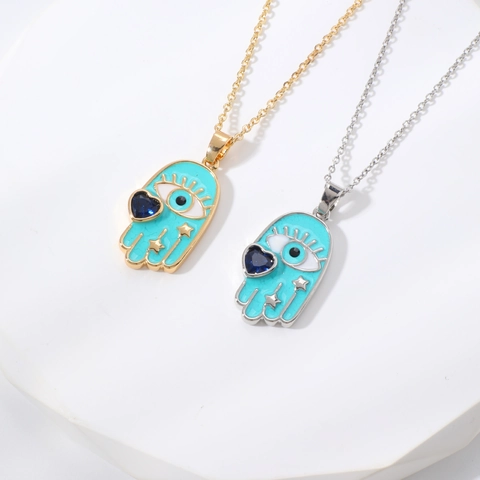 Vintage Hamsa Hand Evil Eye Necklace Pendent Copper Zirconia Heart Star Enamel Ethnic Unisex Jewelry Gold Silver Tone