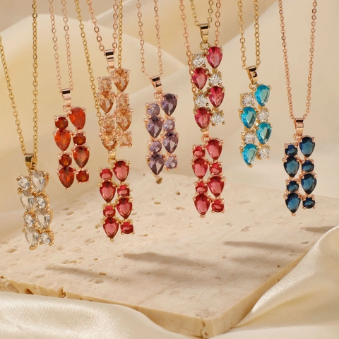Elegante Collana con Ciondolo a Foglia in Rame AAA Zirconia Pietre Colorate Catena Lunga per Donna Matrimonio Gioielli di Lusso